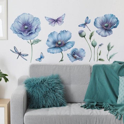 Aquarel Blauwe Klaproos Muurstickers Vlinder Libel Bloemen PVC Decals Voor Slaapkamer Woonkamer Huis Achtergrond Decoratie