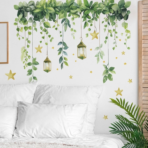 Watercolor Green Vines Hanging Lamps Stars Wall Stickers PVC Decal For Bedroom Living Room Home Background Decoration