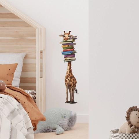 Adesivo da Parete Girafe Cartone Animato Con Libri PVC Autoadesivo Decalcomania Decorativa per Cameretta Bambini Camera da Letto