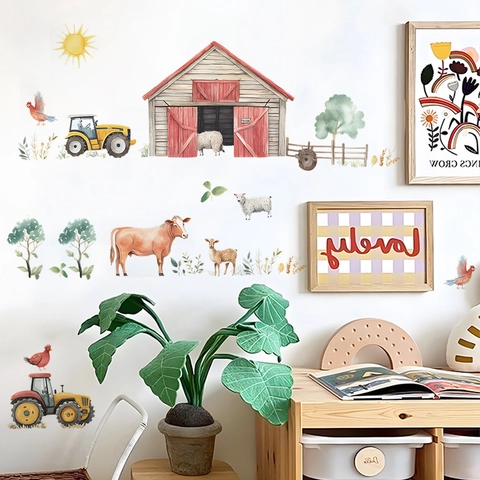 Cartoon Farm Animal Barn Tractor PVC Wall Stickers For Kids Nursery Bedroom Living Room Background Decorative Wall Decals