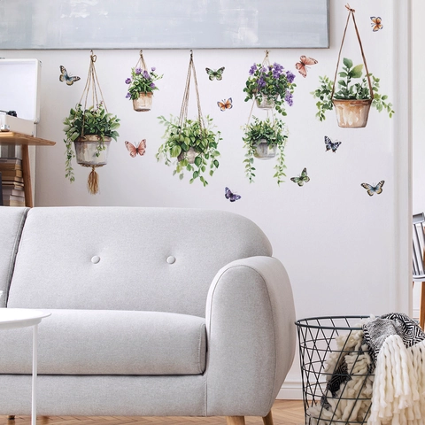 Watercolor Potted Plants Butterflies Wall Stickers PVC Removable Floral Hanging Plant Decals For Living Room Bedroom Decor
