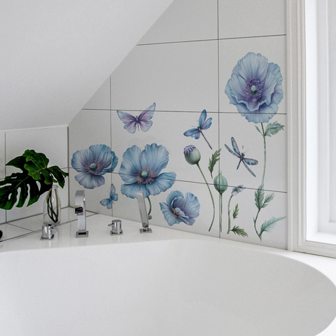 Aquarel Blauwe Klaproos Muurstickers Vlinder Libel Bloemen PVC Decals Voor Slaapkamer Woonkamer Huis Achtergrond Decoratie