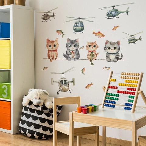 Adesivi Murali Acquerello Gatto Cartone Animato Elicottero PVC Rimovibile DIY Decor Per Cameretta Bambini Camera Letto Soggiorno