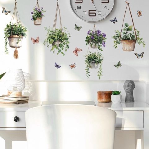 Watercolor Potted Plants Butterflies Wall Stickers PVC Removable Floral Hanging Plant Decals For Living Room Bedroom Decor