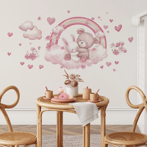 Pink Cartoon Bear Rabbit Hugging Under Rainbow Wall Stickers Waterproof PVC Heart Clouds Floral Decoration For Kids Nursery