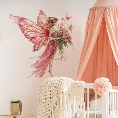 Pegatina de Pared de Hada de Flores y Mariposas en Acuarela Hada Rosa de Ensueño Calcomanía de PVC Extraíble para Dormitorio Infantil Sala de Estar Decoración del Hogar