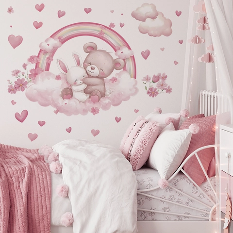 Pink Cartoon Bear Rabbit Hugging Under Rainbow Wall Stickers Waterproof PVC Heart Clouds Floral Decoration For Kids Nursery