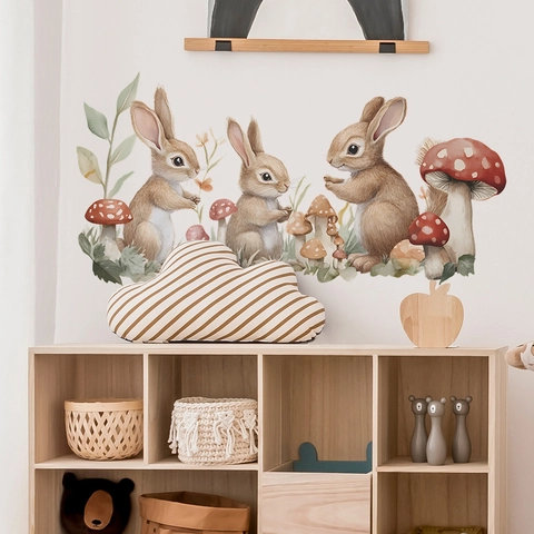 Watercolor Cartoon Rabbit Mushroom Wall Sticker PVC Forest Theme Animals Wall Decals For Nursery Kids Bedroom Home Decor