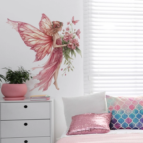 Pegatina de Pared de Hada de Flores y Mariposas en Acuarela Hada Rosa de Ensueño Calcomanía de PVC Extraíble para Dormitorio Infantil Sala de Estar Decoración del Hogar