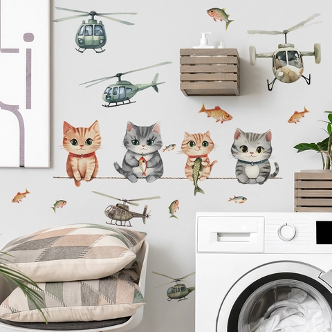 Adesivi Murali Acquerello Gatto Cartone Animato Elicottero PVC Rimovibile DIY Decor Per Cameretta Bambini Camera Letto Soggiorno