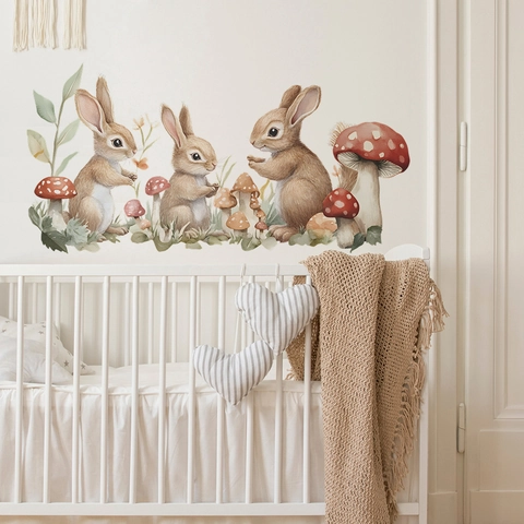 Watercolor Cartoon Rabbit Mushroom Wall Sticker PVC Forest Theme Animals Wall Decals For Nursery Kids Bedroom Home Decor