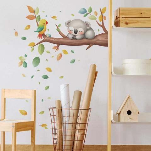 Cartoon Koala On Tree Branch Wall Sticker With Bird And Leaves PVC Decorative Wall Decal For Kids Room Nursery Bedroom