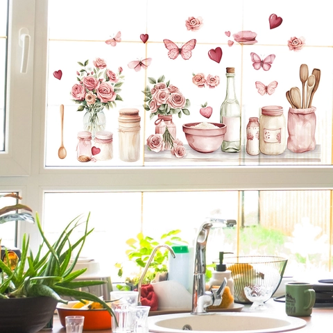 Watercolor Pink Rose Kitchen Utensils Wall Sticker PVC Waterproof Floral Butterfly Heart Decal For Dining Room Home Decor