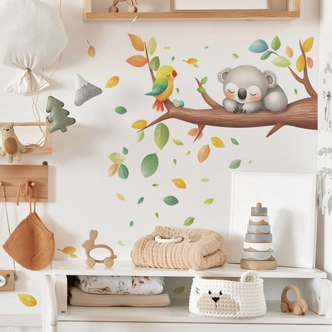 Cartoon Koala On Tree Branch Wall Sticker With Bird And Leaves PVC Decorative Wall Decal For Kids Room Nursery Bedroom