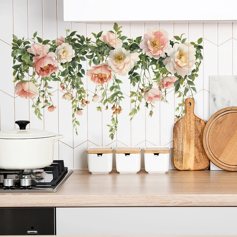Aquarell Rosa Rose Blume Ranke Wandtattoo Selbstklebend PVC Floral Wandaufkleber Für Küche Schlafzimmer Haus Dekoration