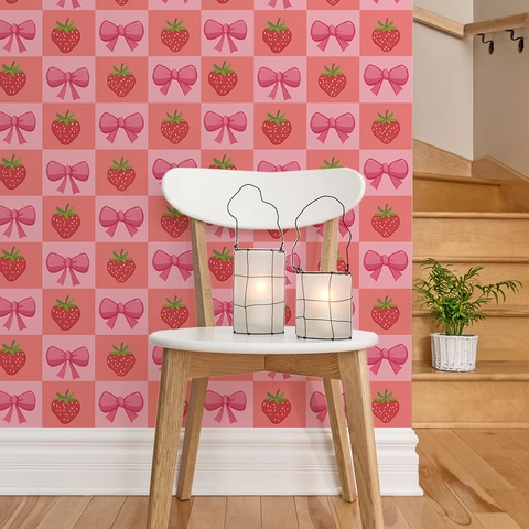 Strawberry Bow Tie Pink Checkerboard Self Adhesive Wall Sticker PVC Decorative Wallpaper For Kids Room Bedroom Home Decor