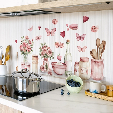 Watercolor Pink Rose Kitchen Utensils Wall Sticker PVC Waterproof Floral Butterfly Heart Decal For Dining Room Home Decor
