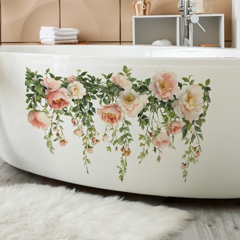 Aquarell Rosa Rose Blume Ranke Wandtattoo Selbstklebend PVC Floral Wandaufkleber Für Küche Schlafzimmer Haus Dekoration