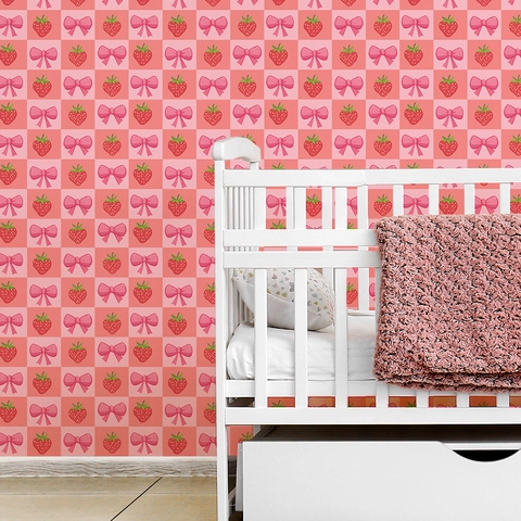 Strawberry Bow Tie Pink Checkerboard Self Adhesive Wall Sticker PVC Decorative Wallpaper For Kids Room Bedroom Home Decor