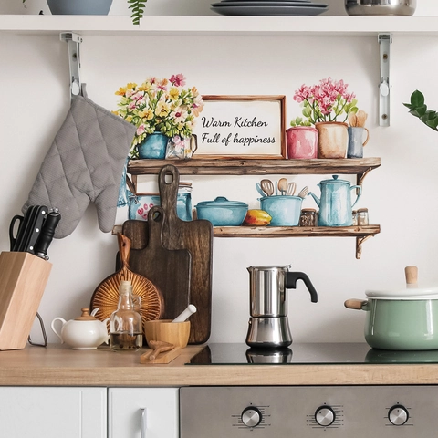 Watercolor Kitchen Wall Sticker PVC Removable Shelves Flower Decal Warm Kitchen Quote Decor For Dining Room Home