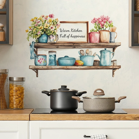 Watercolor Kitchen Wall Sticker PVC Removable Shelves Flower Decal Warm Kitchen Quote Decor For Dining Room Home