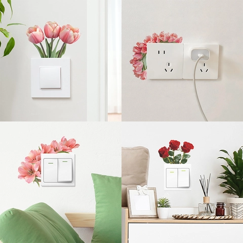 Floral Pattern PVC Switch Stickers For Wall Decor Tulip Rose Flower Decals For Bedroom Living Room Removable Wall Stickers