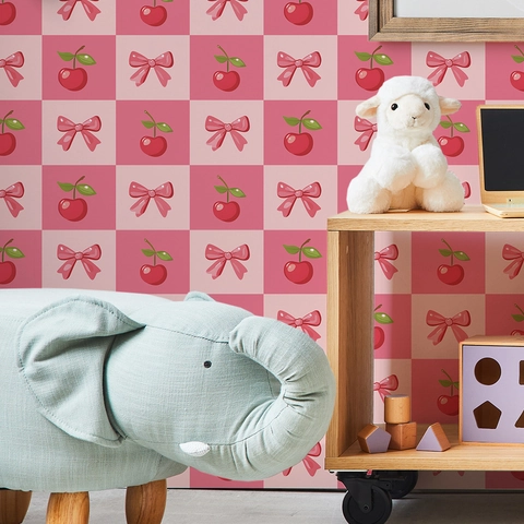 Rosa Kirsche Schleife Schachbrett Wandaufkleber PVC Selbstklebend Süß Cartoon Dekorative Wandbild Für Kinderzimmer Schlafzimmer Wohnzimmer Wohnkultur