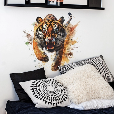 Realistic Fierce Tiger Wall Sticker Artistic Splatter Watercolor PVC Removable Home Decor Mural For Bedroom Living Room Background Decoration