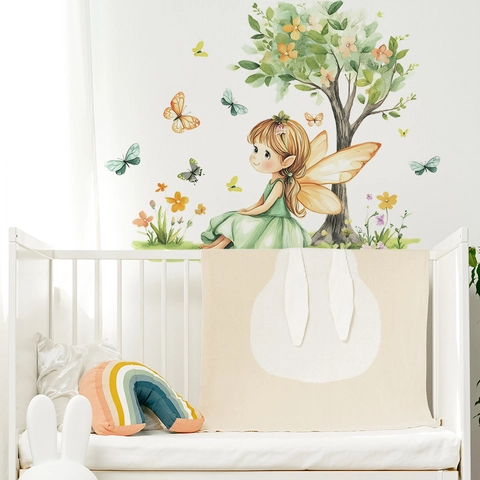 Aquarell Cartoon Blumenfee Baum Wandaufkleber PVC Dekorativ Kinderzimmer Wandtattoo Schmetterling Floral Wanddeko Für Schlafzimmer