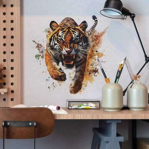 Realistic Fierce Tiger Wall Sticker Artistic Splatter Watercolor PVC Removable Home Decor Mural For Bedroom Living Room Background Decoration
