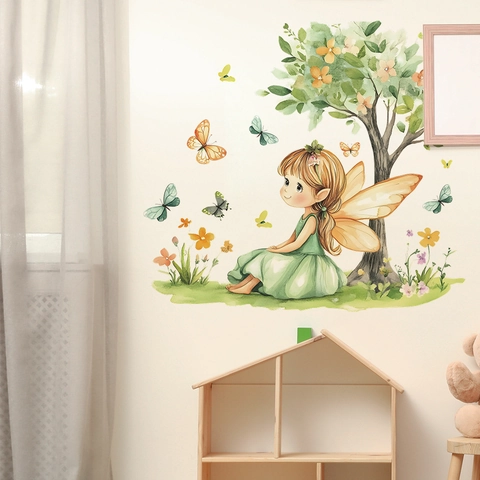 Aquarell Cartoon Blumenfee Baum Wandaufkleber PVC Dekorativ Kinderzimmer Wandtattoo Schmetterling Floral Wanddeko Für Schlafzimmer