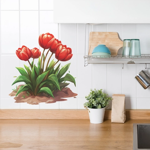 Red Tulip Flower Wall Sticker PVC Waterproof Removable Floral Decal For Bedroom Living Room Kitchen Home Wall Decoration