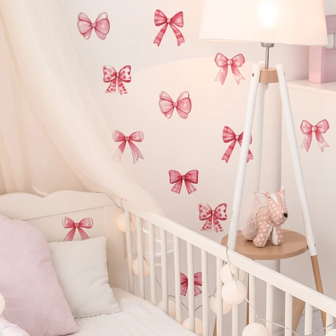 Adesivi Murali Fiocco Rosa Acquerello Pois Quadri PVC Decalcomanie per Cameretta Bambini Ragazza Camera da Letto