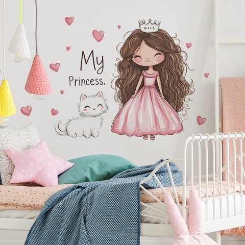 Cartoon Princess Cat Heart Wall Sticker PVC Self Adhesive Wall Decal For Kids Girls Bedroom Home Decor Decorative Illustration