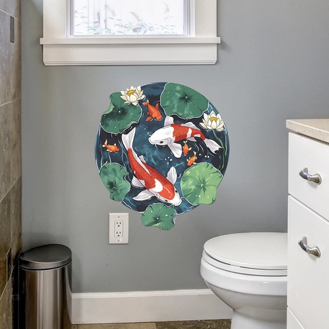 Traditionele Chinese Stijl Koikarper Lotusblad Muursticker PVC Waterdicht Rond Vijver Scene Decal Voor Huisdecoratie