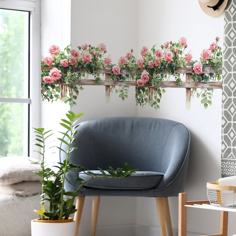 Creativo Adesivo da Parete Rosa Fiore Foglia Verde Recinto di Legno PVC Impermeabile Removibile Acquerello Murale per Casa Soggiorno Camera da Letto Decorazione