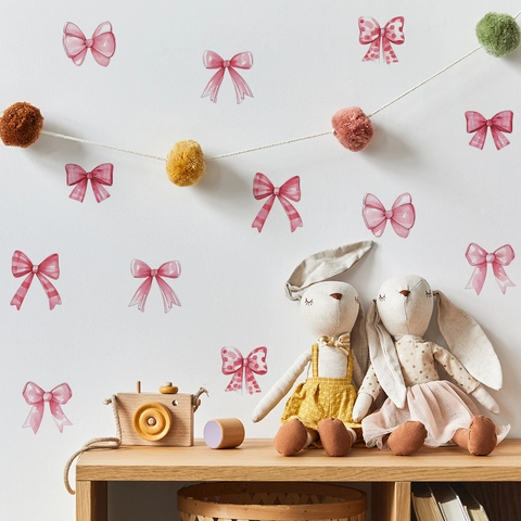 Adesivi Murali Fiocco Rosa Acquerello Pois Quadri PVC Decalcomanie per Cameretta Bambini Ragazza Camera da Letto