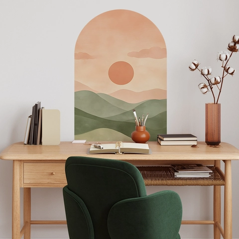 Kreativer Sonnenuntergang Berge Bogen Wandtattoo PVC Selbstklebend Landschaft Wandbild Minimalist Wohnzimmer Schlafzimmer Zuhause Deko