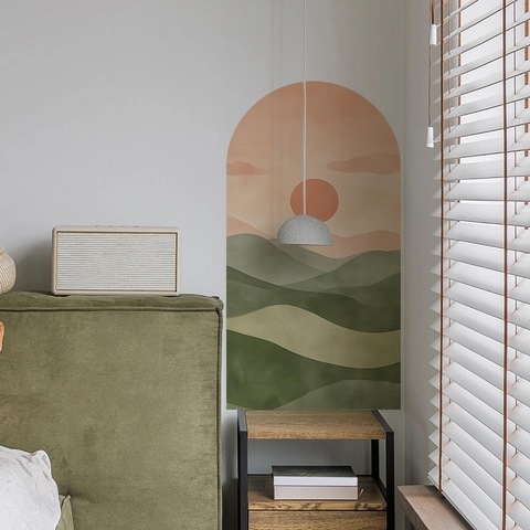 Kreativer Sonnenuntergang Berge Bogen Wandtattoo PVC Selbstklebend Landschaft Wandbild Minimalist Wohnzimmer Schlafzimmer Zuhause Deko