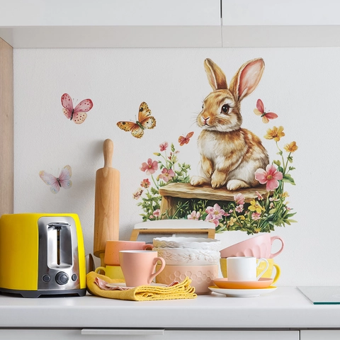Cartoon Watercolor Rabbit Butterfly Wall Sticker PVC Floral Pattern Wall Decal For Kids Nursery Living Room Home Background Decor