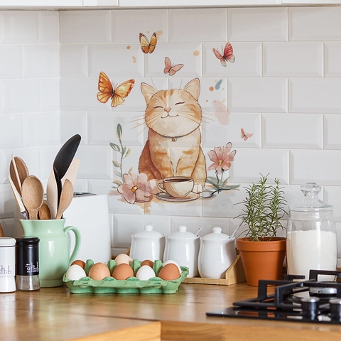 Cartoon Mollige Orange Katze Schmetterling Wandaufkleber PVC Wasserdicht Wandbild Für Küche Esszimmer Zuhause Hintergrund Dekoration