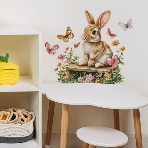 Cartoon Watercolor Rabbit Butterfly Wall Sticker PVC Floral Pattern Wall Decal For Kids Nursery Living Room Home Background Decor