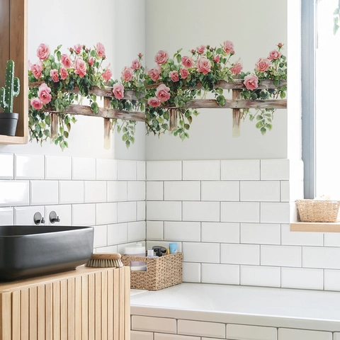 Creativo Adesivo da Parete Rosa Fiore Foglia Verde Recinto di Legno PVC Impermeabile Removibile Acquerello Murale per Casa Soggiorno Camera da Letto Decorazione