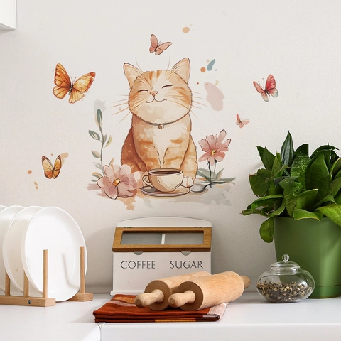 Cartoon Mollige Orange Katze Schmetterling Wandaufkleber PVC Wasserdicht Wandbild Für Küche Esszimmer Zuhause Hintergrund Dekoration