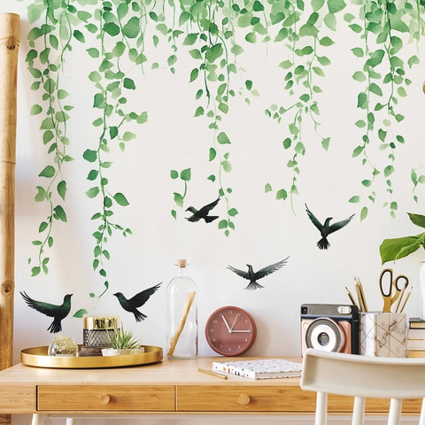 Frisch Grün Hängend Ranken Und Vögel PVC Wandaufkleber Abnehmbar Botanisch Blätter Dekor Für Wohnzimmer Schlafzimmer Hintergrund