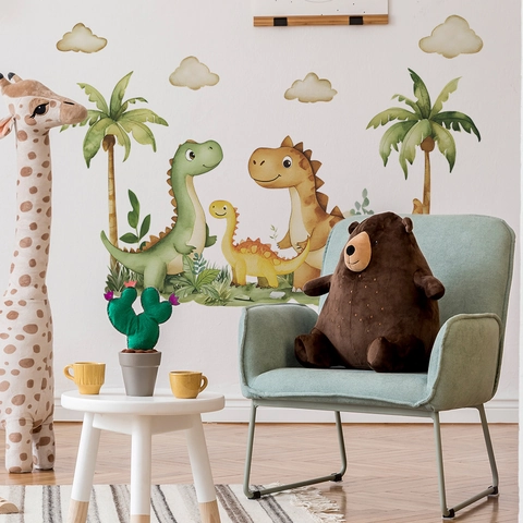 Cartoon Dinosaur Wall Stickers For Kids Room Bedroom Decor PVC Removable Animal Wall Decals Watercolor Nursery Wall Art