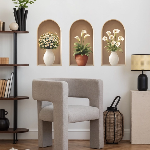 Adesivi Murali Arco 3D Fiori Realistici Margherita Calla Piante in Vaso PVC Decorazione Estetica per Soggiorno