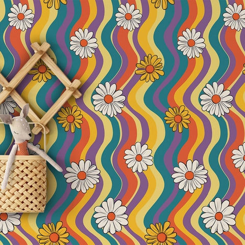Retro 70er Stil Wellen Gänseblümchen Wandaufkleber Wasserdicht PVC Deko Wandtattoo Für Schlafzimmer Wohnzimmer Kinderzimmer