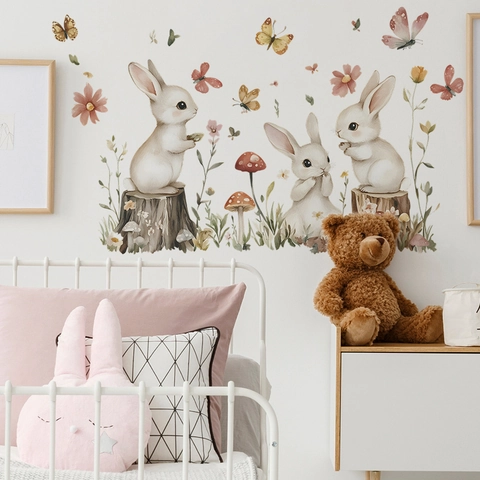 Adesivi Murali a Forma di Coniglio e Fiori ad Acquerello in PVC Rimovibili per Cameretta Bambini Camera da Letto Decorazione