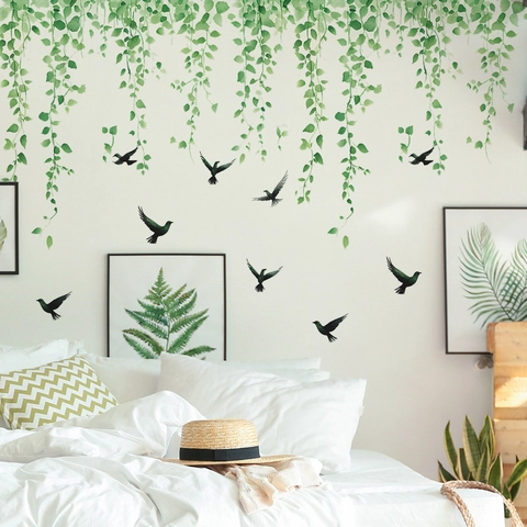 Frisch Grün Hängend Ranken Und Vögel PVC Wandaufkleber Abnehmbar Botanisch Blätter Dekor Für Wohnzimmer Schlafzimmer Hintergrund